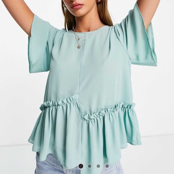 ASOS DESIGN smock top asymmetric ruffle hem sage green blue office career casual - Picture 10 of 12